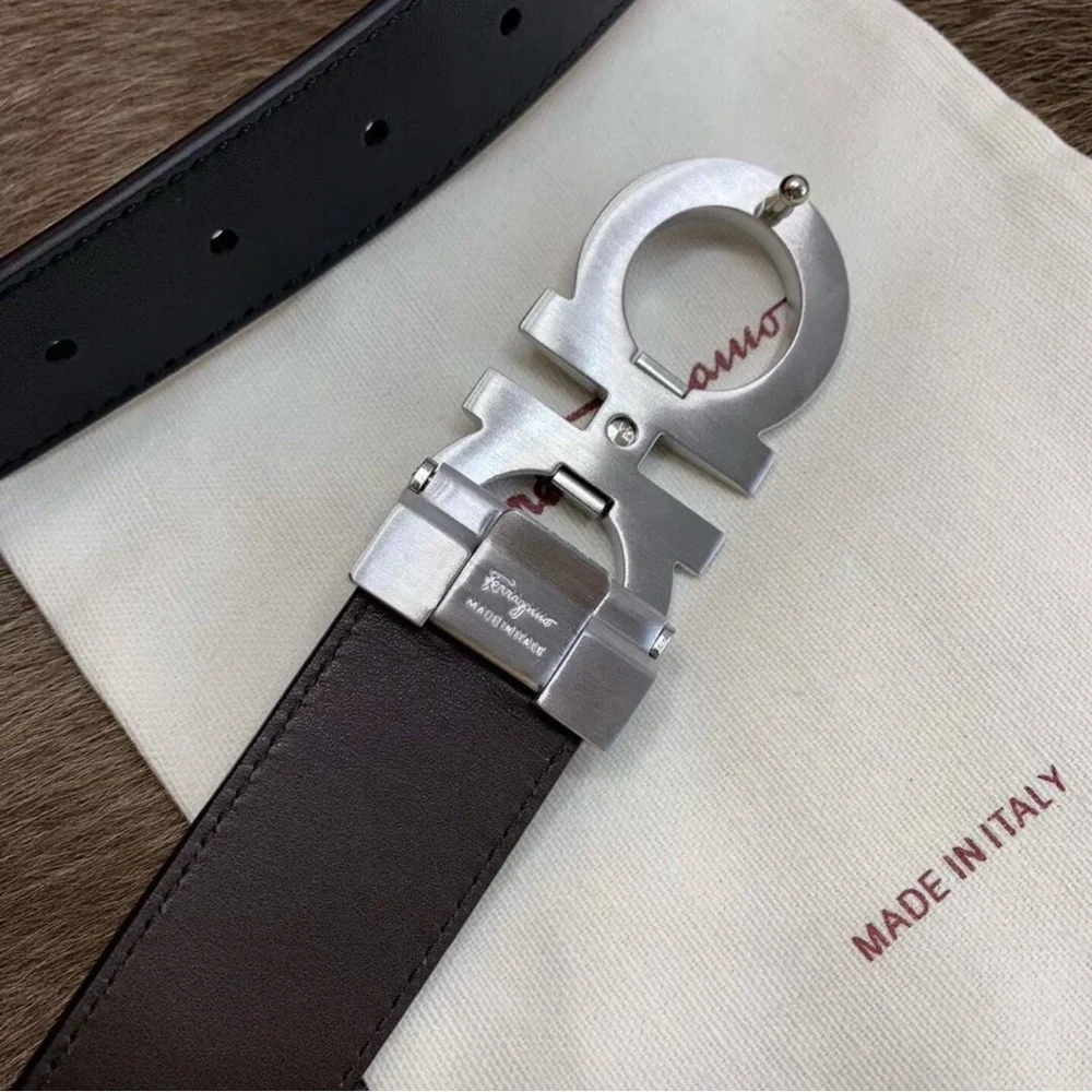 Salvatore Ferragamo Brown Leather Belt with Silver Gancini Buckle